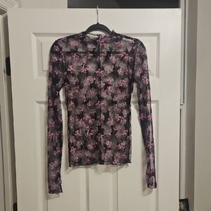 Free People Sheer Floral Long Sleeve Top - Pink and Black